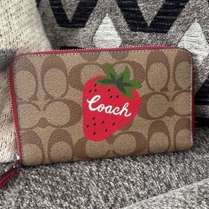 Coach Brown Wallet with Red Strawberry Design